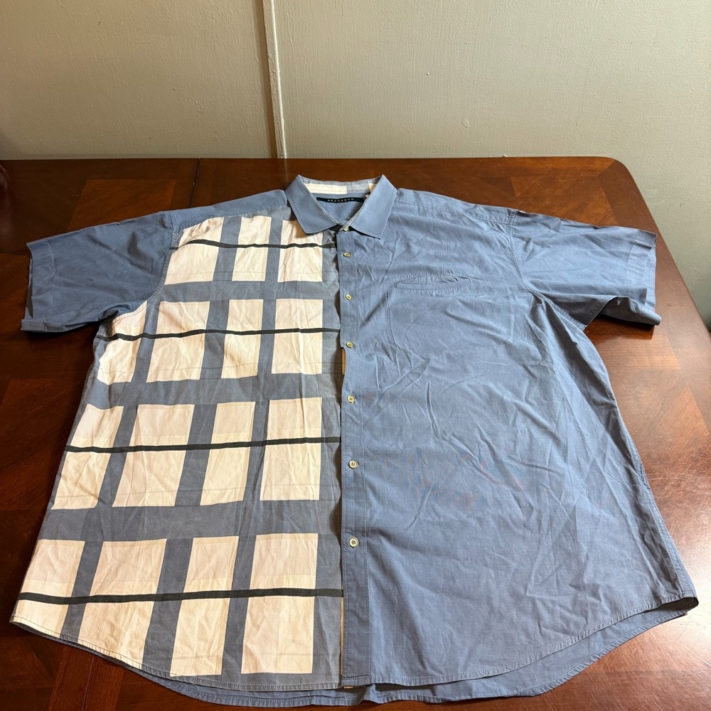 Sean John Windowpane Split Color Button Shirt Gray White Short Sleeve 3XL